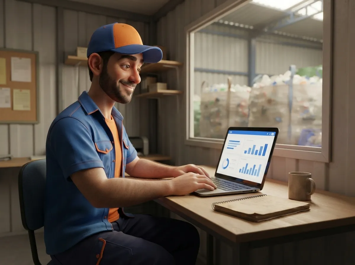 Mascote olhando gráficos no computador do escritório