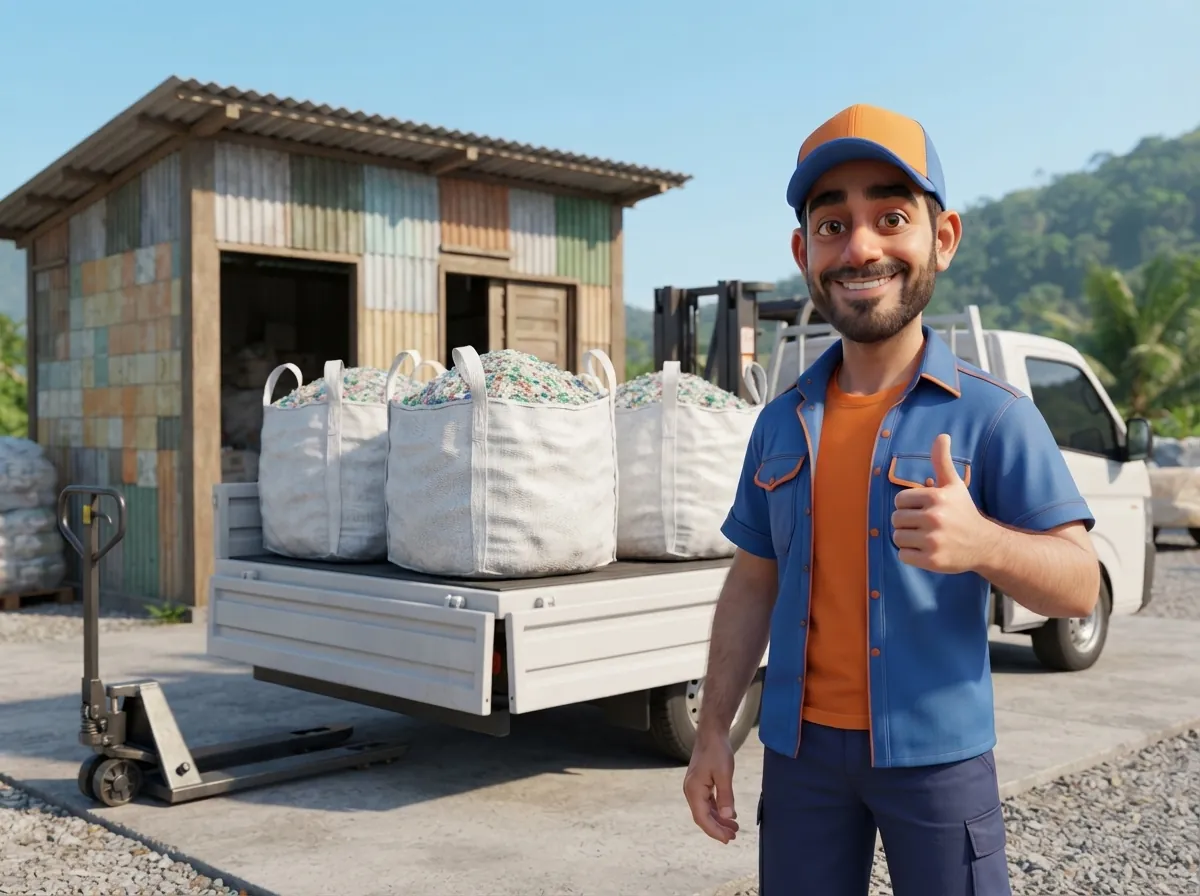 Mascote ao lado de um caminhão carregado de big bags